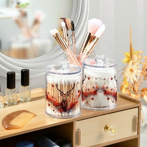 MNSRUU 2 Pack Qtip Holder Organizer Dispenser Deer Butterflies Pink Bathroom Storage Canister Cotton Ball Holder Bathroom Containers for Cotton Swabs/Pads/Floss
