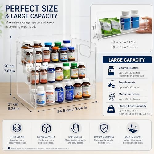 3-Tier Vitamin Storage Organizer, Organizer For Vitamin Bottles And Medicine Bottle, Vitamin Bottle Organizer For Countertop, Bathroom Cabinet Storage Items Are Clearly Visible (2item)