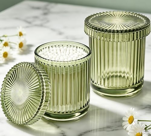 2 Pack Glass Qtip Holder Dispenser Set - Bathroom Organizer for Cotton Swabs, Balls, Pads, Floss Picks - Clear Apothecary Jars for Vanity, Makeup Storage, Bathroom Accessories Decor (Olive Green)
