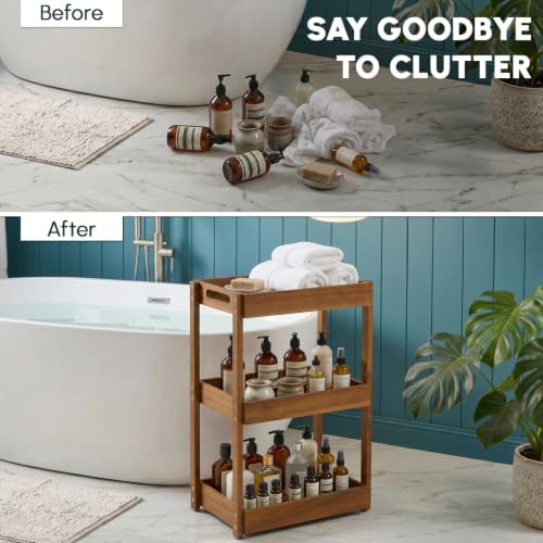BEEFURNI 3-Tier Corner Standing Acacia Wood Shower Caddy Organizer