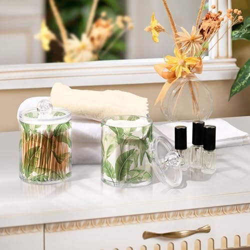 MNSRUU 2 Pack Qtip Holder Organizer Dispenser Plantain Leaf Bathroom Storage Canister Cotton Ball Holder Bathroom Containers for Cotton Swabs/Pads/Floss