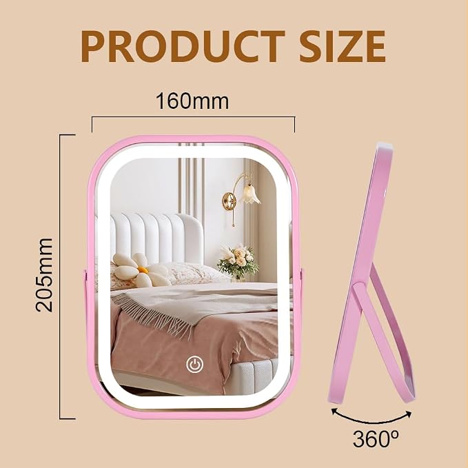 YEKKOPT Lighted Vanity Mirror, Rechargeable Travel Makeup Mirror with Lights, 8''x6'' Desk Mirror with Lights,Make up Mirror with Lighting for Makeup Desk ＆ Dressing Room