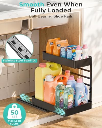 EVERIE Metal Pull Out Slide Shelf Organizer for Under Sink Organization in Kitchen, Bathroom, Counter, Cabinets, Minimum Available Space 13" Wide x 16.5" Deep (Black, 1 Set)