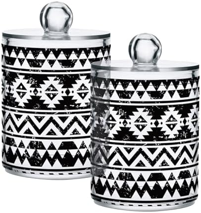 2 Pack Plastic Qtips Holder Aztec Tribe Pattern Black Stripe Bathroom Organizer Canisters for Cotton Balls/Swabs/Pads/Floss,Plastic Apothecary Jars for Vanity