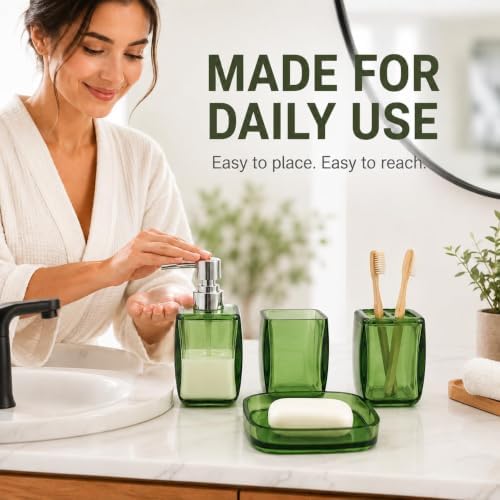 LGURT 4pc Green Acrylic Bathroom Set — Soap Dispenser & Divided Cup