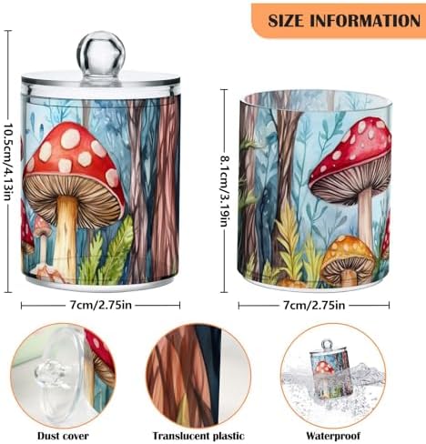 Fustylead 4 Pack Watercolor Colorful Mushrooms in Forest Plastic Apothecary Jar Set for Bathroom Storage, Qtip Holder Dispensers for Cotton Ball, Swab, Round Pads, Floss