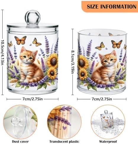 MNSRUU 2 Pack Qtip Holder Organizer Dispenser Cute Ginger Kitten and Flowers Pink Bathroom Storage Canister Cotton Ball Holder Bathroom Containers for Cotton Swabs/Pads/Floss