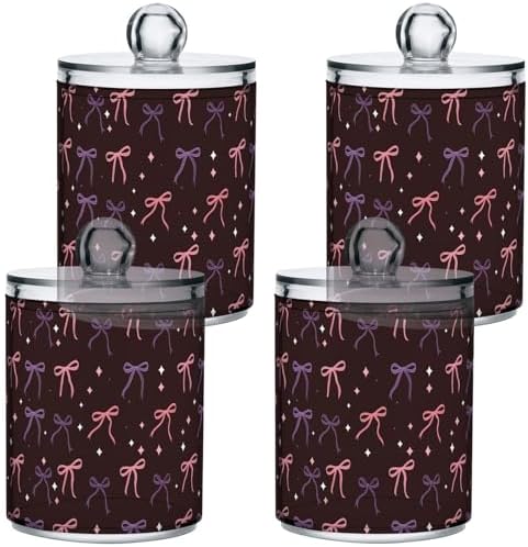 Gredecor 4 Pack Qtip Holder Clear Pink Purple Bows on Brown Apothecary Jars with Lids Acrylic Bathroom Jars Vanity Countertop Canister Storage Organizer for Cotton Ball,Swabs,Pads,Floss