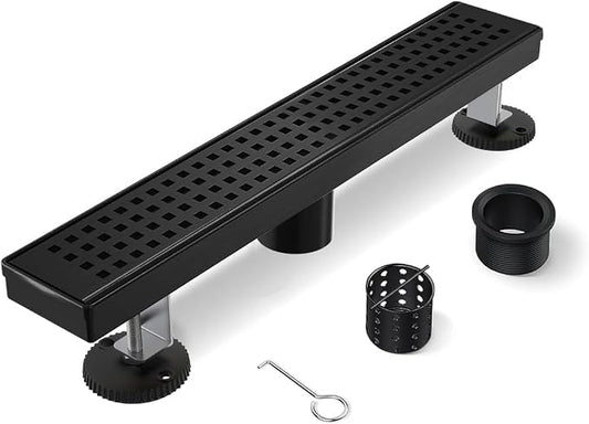 Shower Drain, 18 Inch Black Linear Shower Drain with Removable Square Hole Cover Grate, Modern 304 Stainless Steel Matte Black Shower Floor Drain with Adjustable Feet,Hair Filter