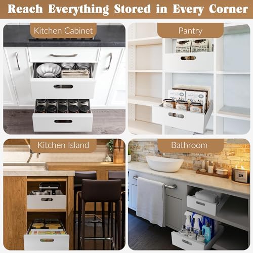 HBL' 2 Pack | 21" Deep Pull Out Cabinet Organizer Adhesive, 12-Inch Wide Sturdy Carbon Steel Roll-Out Drawers, Designed for Frameless Cabinets, Slide-Out Shelves for Pantry.