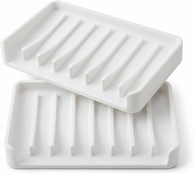 Bathway Silicone Soap Dishes for Shower, Self-Draining Bar Soap Holder Non-Slip Sink Organizer Tray for Sink, Bathroom & Kitchen, Keeps Bar Soap Dry& Dishwasher Safe, White & White(2 Pack)