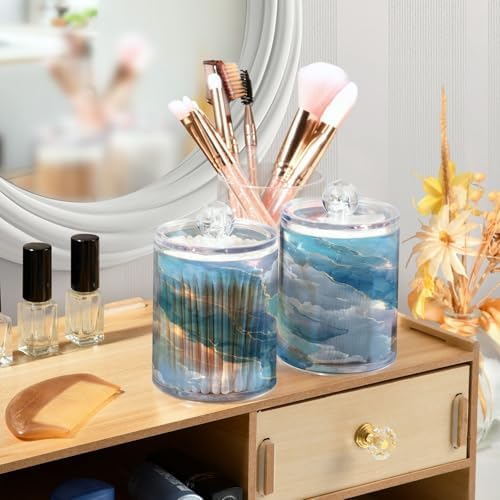 MNSRUU 2 Pack Qtip Holder Organizer Dispenser Abstract Blue Marble Bathroom Storage Canister Cotton Ball Holder Bathroom Containers for Cotton Swabs/Pads/Floss