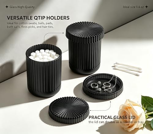 2‑Pack Matte Black Glass Qtip Holder, Vanity & Bathroom Makeup Storage