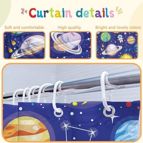 4 Pcs Kids Bathroom Set Cartoon Outer Space Shower Curtain Sets with Non-Slip Rugs Toilet Lid Cover and Bath Mat Set, Kids Boy Bathroom Decor with 12 Hooks