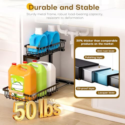 Under Sink Organizer, Heavy-Duty & Rust-Resistant Carbon Steel Metal, 2 Tier Pull Out Under Bathroom Sink Storage, Adjustable Height (13.8" -16.9"), Organizer for Kitchen Cabinet(2PCS,Black)