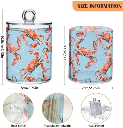 Red Crabs on Blue Qtip Dispenser Set of 2, Apothecary Jars Bathroom Counter Organizer for Cotton Pads, Cotton Ball, Cotton Swabs, Floss Picks 10 Oz