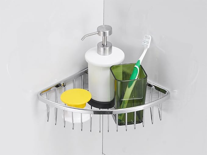 Corner Shower Caddy,Chrome Corner Shower Basket,Wall Mounted Bathroom Soap Holder & Shampoo Shelf,Solid Brass Wire Basket Soap Dish for Inside Shower,Polished Chrome