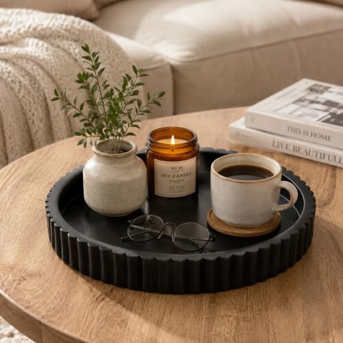 Round Decorative Tray for Home Decor,Coffee Table Tray (Black)