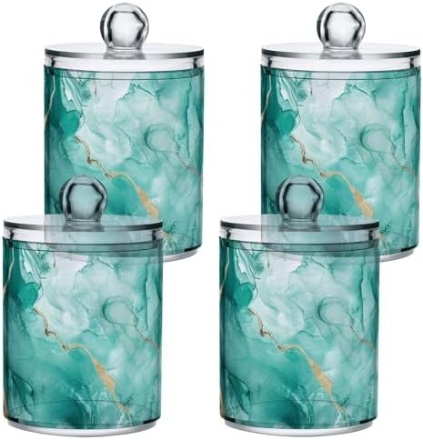 Fustylead 4 Pack Teal Marble Watercolor Background Plastic Apothecary Jar Set for Cotton Swab, Ball, Pad, Floss, Qtip Holder Dispensers for Bathroom Storage Organizer