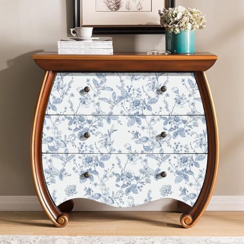 Light Blue Botanical Floral Shelf Liner Contact Paper Peel and Stick Botanical Floral Wallpaper for Walls Bahtroom Bedroom Kitchen Cabinets Dresser Drawer Furniture Arts Carfts Decal 17.7X196 Inches