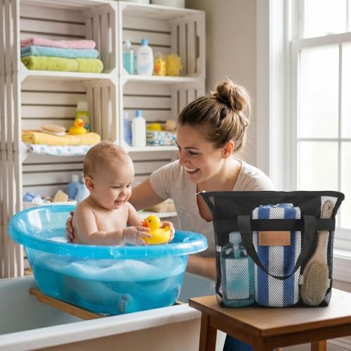 Patelai 12 Pcs Mesh Shower Caddy Bags Bulk, Quick Dry Portable, Black,Grey
