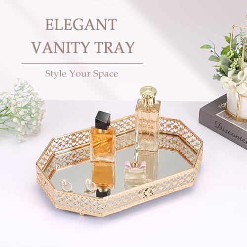 Hipiwe Gold Glass Perfume Tray for Dresser Bathroom Makeup Vanity Trays