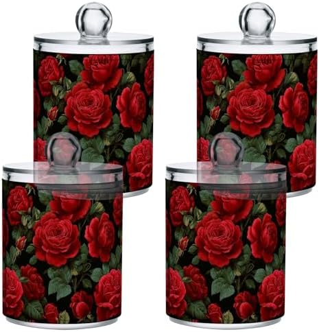 Gredecor Qtip Holder Dispenser 2 Pack Red Rose Flowers Leaves Bathroom Decorative Storage Canister Holder Counter Vanity Organizer for Cotton Ball Swabs Pads Floss
