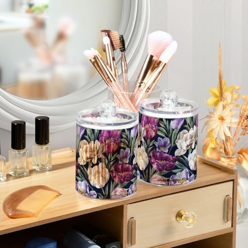 White and Purple Tulips Qtip Dispenser Set of 2, Apothecary Jars with Lids Makeup Brush Container for Cotton Ball, Swab, Floss, Makeup Sponges, Hair Clip 10 Oz