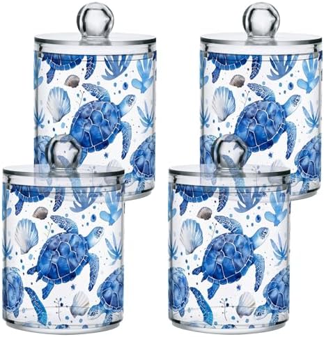 4 Pack Watercolor Blue Turtles and Shells Clear Plastic Jars 10 Oz Apothecary Jars with Lids Bathroom Counter Organizer for Cotton Pads, Cotton Ball, Cotton Swabs, Floss Picks