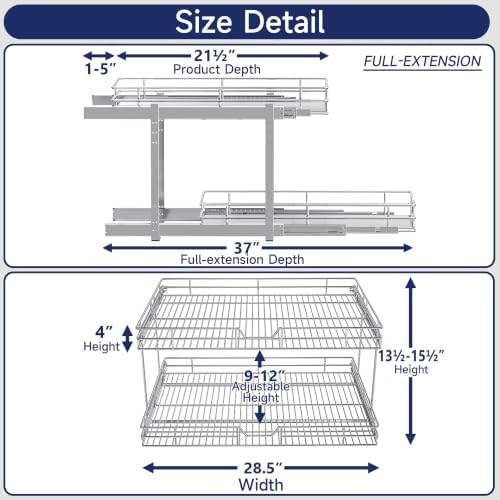 2-Tier Pull Out Cabinet Organizer, 28.5" W x 21.5" D, Heavy Duty Dual Slide Out Shelves for Wide Base Cabinets, Chrome Wire Basket Drawer for Pots, Pans, Pantry & Cleaning Supplies