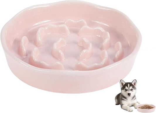 Pet Feeding Bowls, Ceramic Slow Feeder Dog Bowl - Heavy Weighted Blue Bloom Food Dish for Small to Medium Dogs - Non-Slip, Microwave & Dishwasher Safe Pottery Maze to Fast Eating (Pink)
