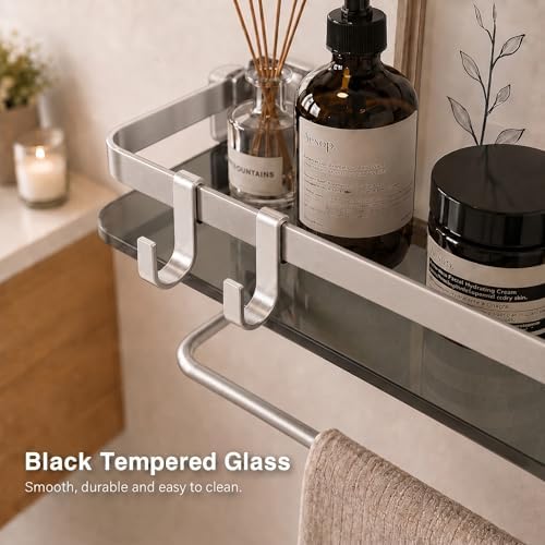 VOLPONE Glass Bathroom Shelf 15.7 in Bathroom Wall Shelf with Towel Holder Tempered Glass Shelf Wall Mount with 2 Removable Hooks Silver（1 Tier）