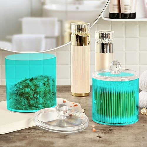 Gredecor Cyan Apothecary Jars with Lids for Bathroom & Kitchen Organization Containers Acrylic Plastic Organizers Great for Q-Tip Cotton Swabs, Jewelry, Food & Candy Storage, Set of 2 Sizes