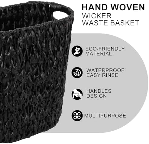 XLHOMO Black Bathroom Accessories Set with Wicker Trash Can, Black Bathroom Accessories Set Bathroom Sets Small Waste Basket Bathroom Trash Can for Bedroom Bathroom