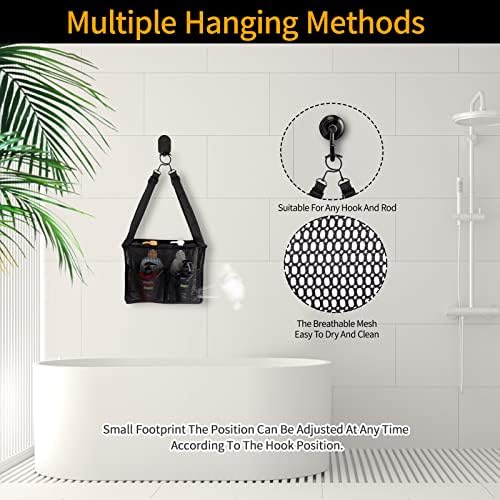 4 Storage Pockets Adjustable Hanging Mesh Bathroom Bag, Shower Caddy College with Hooks, Applied to College Dorm Rooms, Gym, Swimming and RV Travel (Black)