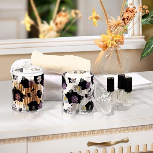 Daisy Flower Cow Print 4 Pack Plastic Qtips Holder Bathroom Organizer Canisters for Cotton Balls/Swabs/Pads/Floss,Plastic Apothecary Jars for Vanity