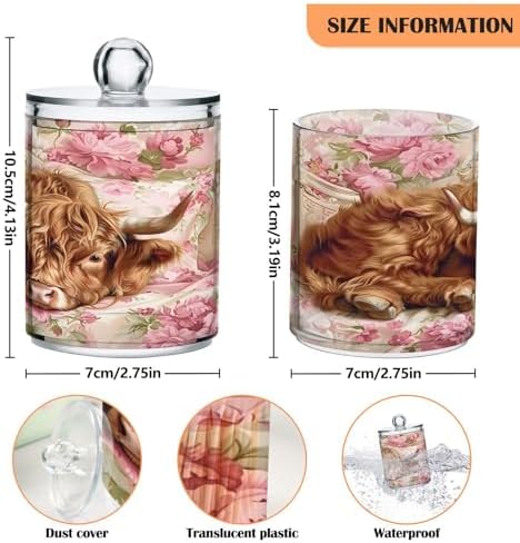 ALAZA 2 Pack Qtip Holder Highland Cow Pink Roses, Cotton Swab Dispenser with Lid Bathroom Containers Canister Organizer Storage Jar
