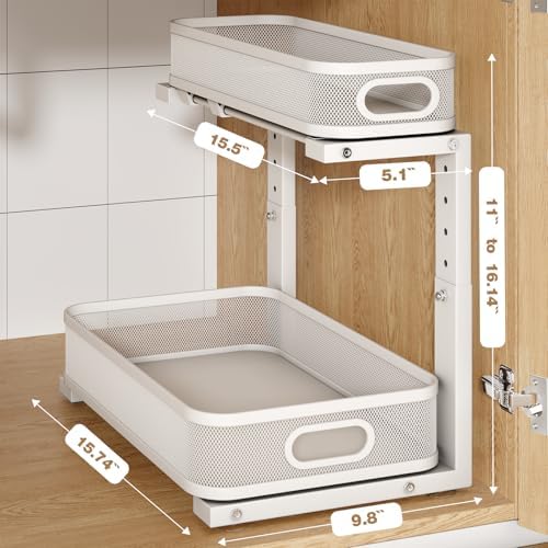 2 Pack Under Sink Organizer With Smooth Cylindrical Rail,2-Tier Pull Out Multi-Purpose Cabinet Storage for Bathroom&Kitchen,Height Adjustable,Rust-resistant Coating-White