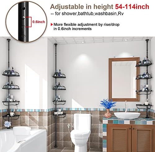 Corner Shower Caddy Tension Pole - Heavy Duty Floor to Ceiling Shower Organizer Tension Pole with 4 Shelves,54"-114” Adjustable Rustproof Stand Rack for Bathtub,Bathroom,Dorm,RV - Black