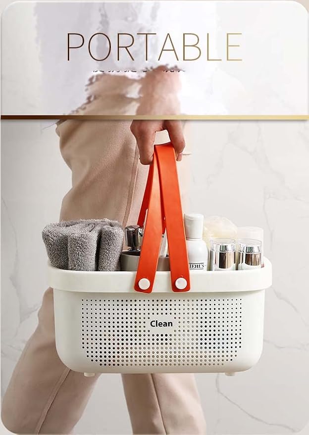 Shower Basket For Toys,Plastic Bathroom Storage Basket with Handle, Shower Caddies Bins for Storing Bathroom Body Wash, Shampoo, Conditioner, Lotion- 12.4 * 6.14 * 7inch - White