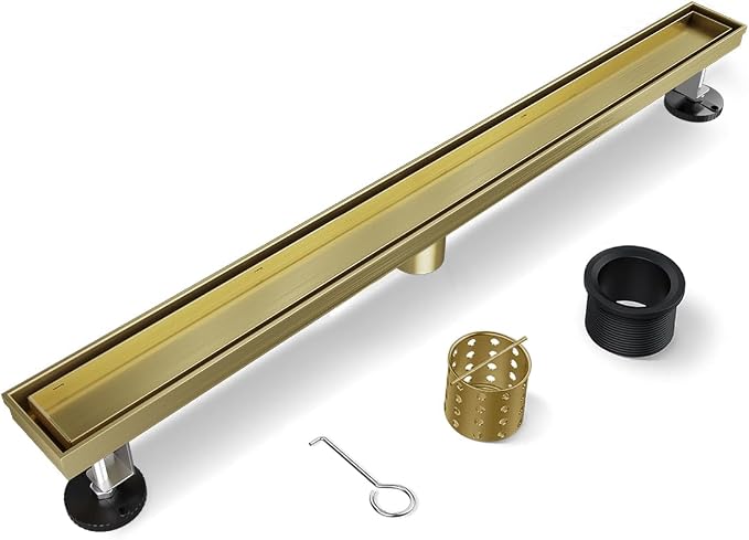 Linear Shower Drain, 60 Inch Titanium Gold Shower Drain with Removable Tile Insert Grate, 2 in 1 Bathroom 304 Stainless Steel Brushed Gold Shower Floor Drain with Adjustable Feet,Hair Strainer