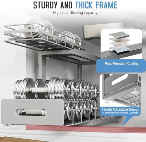 Under Sink Organizer Upgrade To Professional Rails,2-Tier Dual Pull Out Cabinet Storage,Height Adjustable Slide Out Drawers For Bathroom Kitchen,2 Pack-18.5"Dx12.8"-16.9"H,Gun Gray