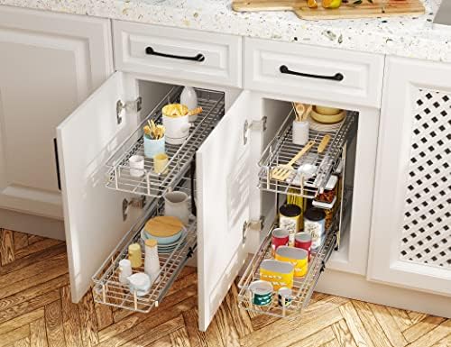 LOVMOR Individual Pull Out Cabinet Organizer, 2 Tier Slide Out Cabinet Drawers, Pots and Pans Organizer and Storage Pantry Shelf for Kitchen (7½" W x 21½" D)
