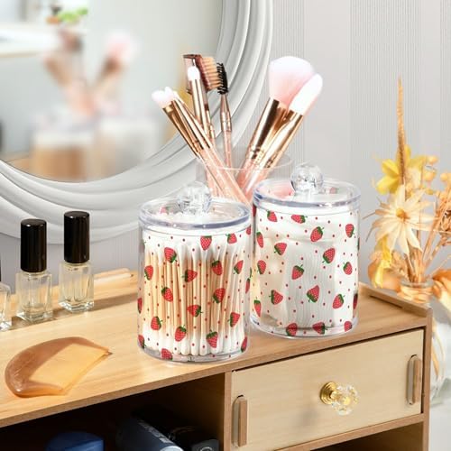 2 Pack Plastic Qtips Holder Strawberry Fruit Bathroom Organizer Canisters for Cotton Balls/Swabs/Pads/Floss,Plastic Apothecary Jars for Vanity