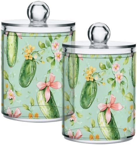 Gredecor 4 Pack Qtip Holder Clear Pink Bow Green Pickle Cucumber Apothecary Jars with Lids Acrylic Bathroom Jars Vanity Countertop Canister Storage Organizer for Cotton Ball,Swabs,Pads,Floss