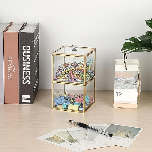 Hipiwe Gold Glass Qtip Holder with Lid 2-Tier Stackable Bathroom Dispenser