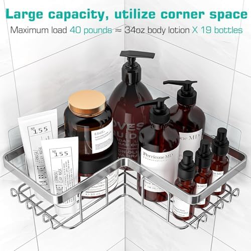 YASONIC Corner Adhesive Shower Caddy, with Soap Holder and 12 Hooks, Rustproof Stainless Steel Bathroom Organizer, No Drilling Wall Mounted Rack, Brushed Silver, 3-Pack