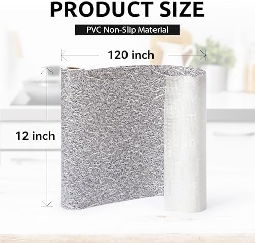12X120 Inch Shelf Liner with Scissor & Tape Measure for Kitchen Cabinets, PVC Drawer Liner for Dresser Non-Slip Bathroom, Non-Adhesive Cabinet Liner Washable (Black)