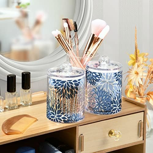 Fustylead 4 Pack Blue Chrysanthemum Plastic Apothecary Jar Set for Bathroom Storage, Qtip Holder Dispensers for Cotton Ball, Swab, Round Pads, Floss