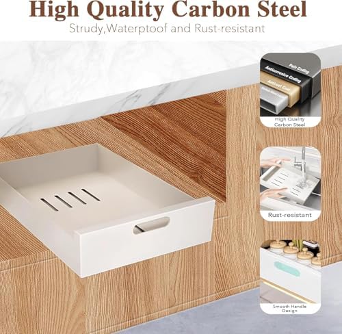 bealy Pull Out Drawer for Cabinet 21in Deep,14" W x 21'' D x 3.1" H Carbon Steel Cabinet Drawers Slide Out, Pantry Storage Shelves with Nano Adhesive for Kitchen, Bathroom and Living Room